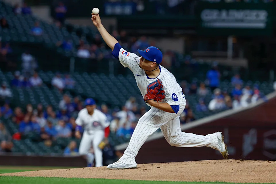 Sep 19, 2024; Chicago, Illinois, USA; Chicago Cubs starting pitcher Javier Assad (72) delivers a pitch against the Washington Nationals during the first inning at Wrigley Field. Mandatory Credit: Kamil Krzaczynski-Imagn Images