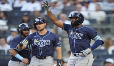 Jonathan Aranda, left, was one of three Tampa Bay Ray players to leave Thursday's game against the New York Yankees in New York. (AP Photo)
