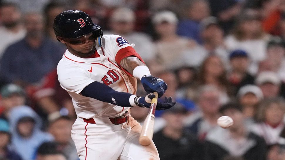 Boston's Ceddanne Rafaela connects for a two RBI single against the Tampa Bay Rays during the seventh inning of a baseball game at Fenway Park, Thursday, July 10, 2025, in Boston. (AP/Charles Krupa)