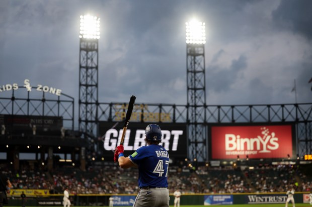 Toronto Blue Jays third base Addison Barger (47) warms up before hitting during the fifth inning against the Chicago White Sox at Rate Field Tuesday July 8, 2025, in Chicago. (Armando L. Sanchez/Chicago Tribune)
