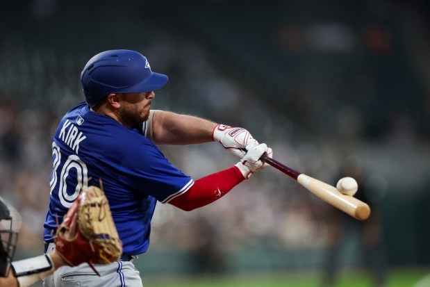 Toronto Blue Jays catcher Alejandro Kirk (30) hits a foul ball during the fifth inning against the Chicago White Sox at Rate Field Tuesday July 8, 2025, in Chicago. (Armando L. Sanchez/Chicago Tribune)