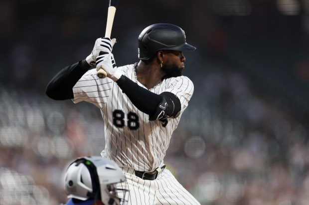 Chicago White Sox outfielder Luis Robert Jr. (88) stands at the plate before hitting a single during the fifth inning against the Toronto Blue Jays at Rate Field Tuesday July 8, 2025, in Chicago. (Armando L. Sanchez/Chicago Tribune)