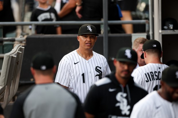 Chicago White Sox manager Will Venable (1) walks through the dugout before the White Sox play the Toronto Blue Jays at Rate Field Tuesday July 8, 2025, in Chicago. (Armando L. Sanchez/Chicago Tribune)