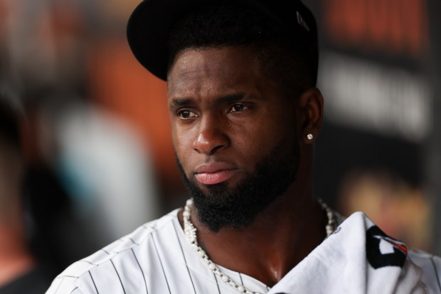 Chicago White Sox outfielder Luis Robert Jr. (88) walks in the dugout before the White Sox play the Toronto Blue Jays at Rate Field Tuesday July 8, 2025, in Chicago. (Armando L. Sanchez/Chicago Tribune)