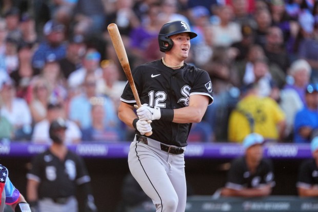 The White Sox's Colson Montgomery lines out against Rockies starting pitcher Antonio Senzatela in the fourth inning Friday, July 4, 2025, in Denver. (AP Photo/David Zalubowski)