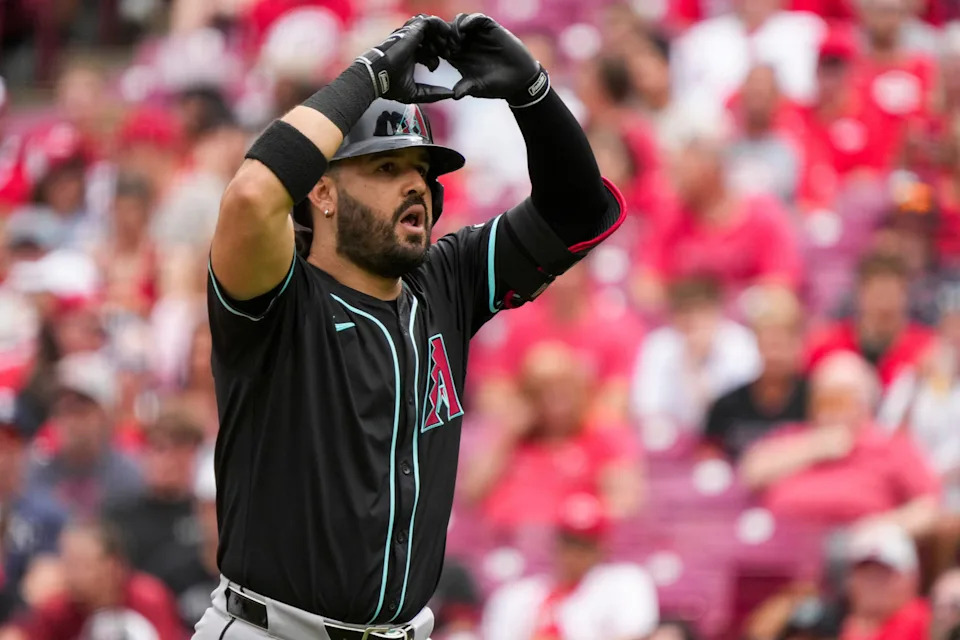 Arizona Diamondbacks third baseman Eugenio Suarez celebrates a solo home run at Great American Ball Park.