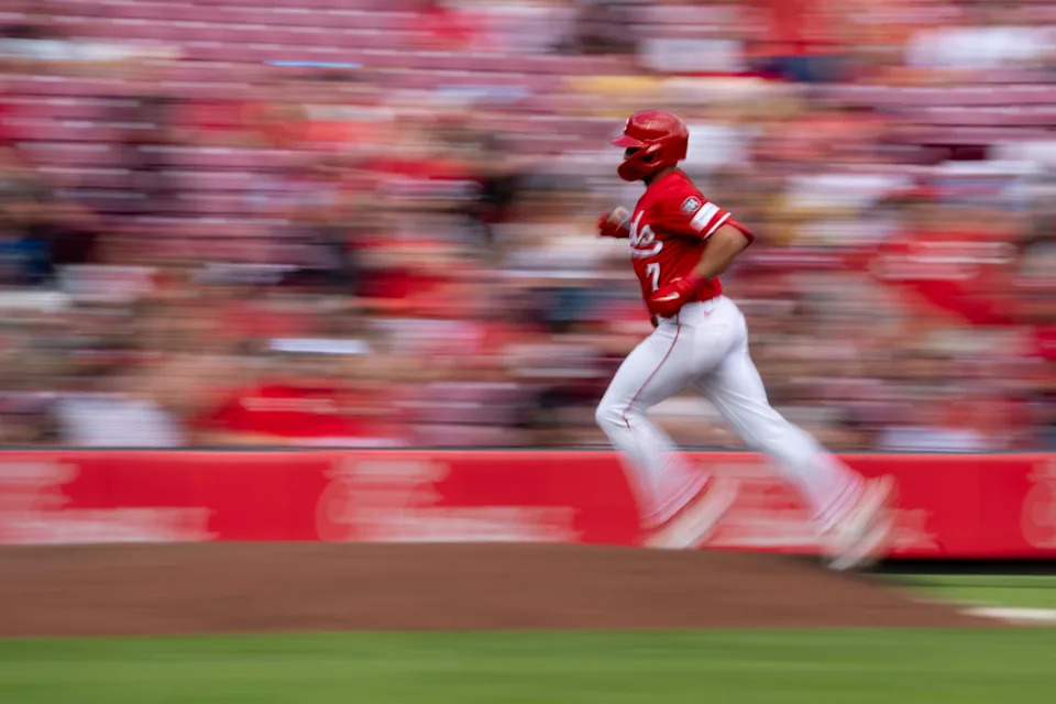Spencer Steer, here rounding the bases after hitting a home run against Miami Thursday, July 10, helped the Reds outscore the Marlins 13-2 in the final two games of their series.