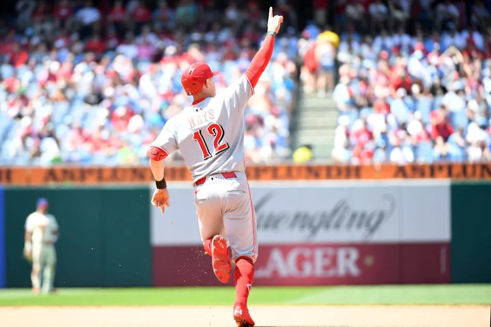 Reds outfielder Austin Hays (12) celebrates after hitting a solo home run during the fifth inning against the Philadelphia Phillies at Citizens Bank Park on July 6, 2025. Eric Hartline-Imagn Images
