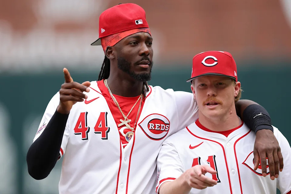 Cincinnati Reds All-Stars Elly De La Cruz (left) and Andrew Abbott before the MLB All-Star Game in Atlanta.