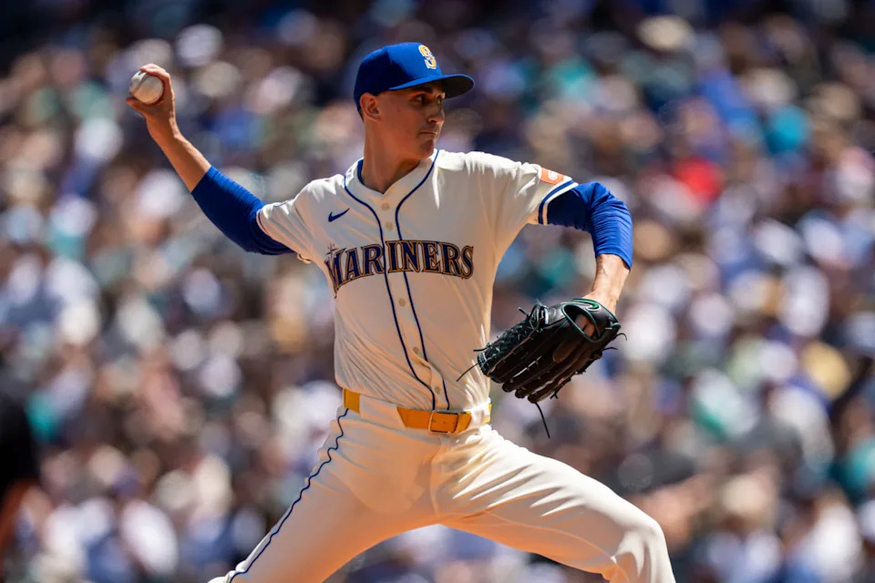 George Kirby of the Mariners throws against the Pirates at T-Mobile Park in Seattle Sunday. © Stephen Brashear-Imagn Images