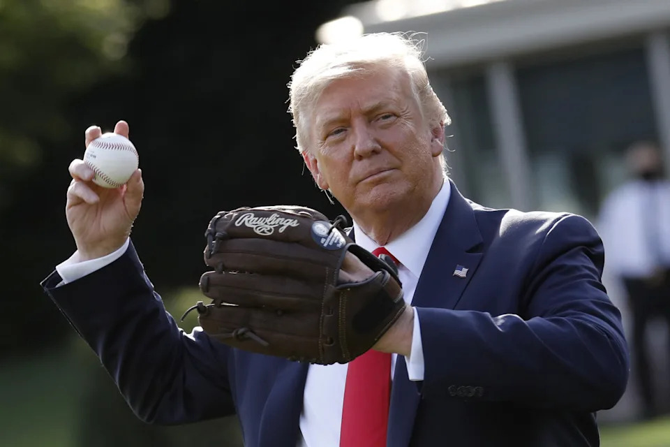 U.S. President Donald Trump throws a baseball on the South Lawn of the White House in Washington, D.C., U.S., on Thursday, July 23, 2020. Trump met with youth baseball players to celebrate Opening Day of the Major League Baseball (MLB) season. Photographer: Yuri Gripas/Abaca/Bloomberg via Getty ImagesBloomberg&sol;Getty Images
