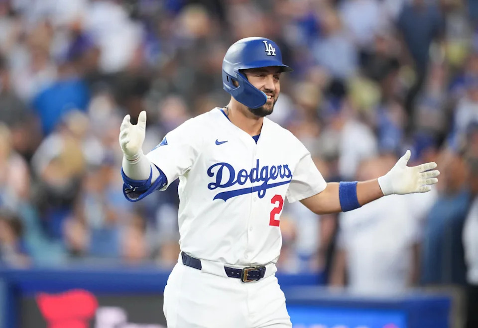 Los Angeles Dodgers left fielder Michael Conforto (23) celebrates after hitting a two-run home run during the third inning against the Chicago White Sox at Dodger Stadium.Kirby Lee-Imagn Images