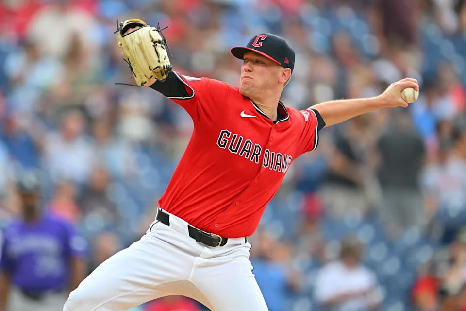 CLEVELAND, OHIO - JULY 30: Starting pitcher Kolby Allard #49 of the Cleveland Guardians pitches during the first inning against the Colorado Rockies at Progressive Field on July 30, 2025 in Cleveland, Ohio. (Photo by Jason Miller/Getty Images)