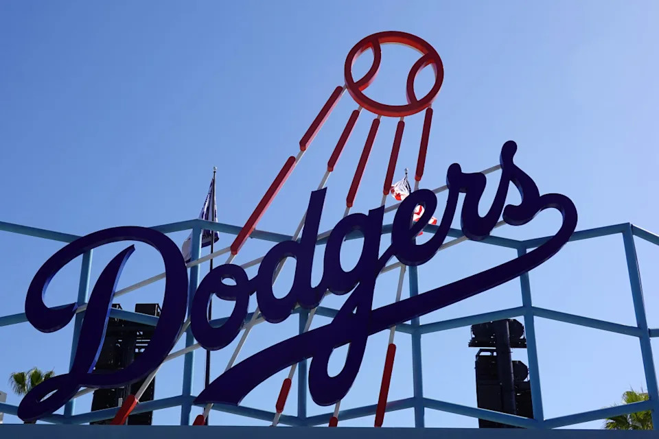 The Los Angeles Dodgers logo in the outfield pavilion at Dodger Stadium.Kirby Lee-Imagn Images