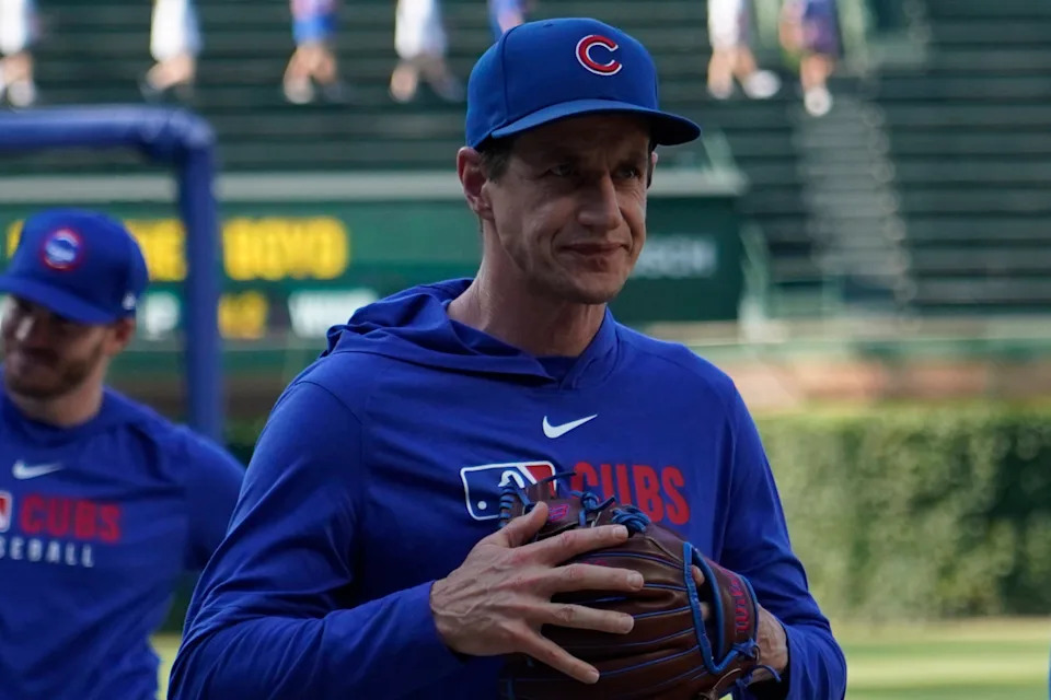 Chicago Cubs manager Craig Counsell (11) on the field during infield and batting practice before a game against the Cleveland Guardians at Wrigley Field.David Banks-Imagn Images