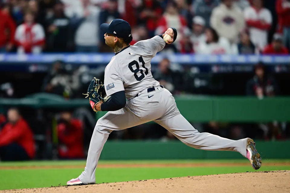 Oct 18, 2024; Cleveland, Ohio, USA; New York Yankees pitcher Luis Gil (81) pitches against the Cleveland Guardians in the first inning during game four of the ALCS for the 2024 MLB playoffs at Progressive Field. Mandatory Credit: David Dermer-Imagn Images