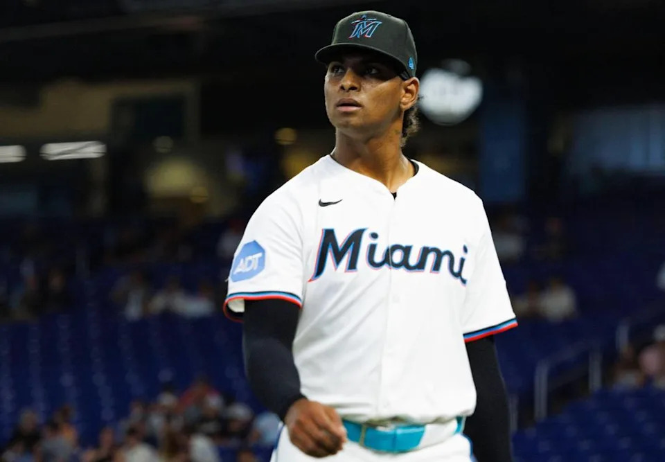 Miami Marlins starting pitcher Edward Cabrera (27) walks off the field after pitching during the first inning of a game against the Minnesota Twins on Tuesday, July 1, 2025 at loanDepot Park in Miami, Fla.