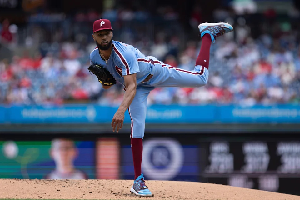 May 29, 2025; Philadelphia, Pennsylvania, USA; Philadelphia Phillies pitcher Cristopher Sanchez (61) throws a pitch during the second inning against the Atlanta Braves at Citizens Bank Park.Bill Streicher-Imagn Images