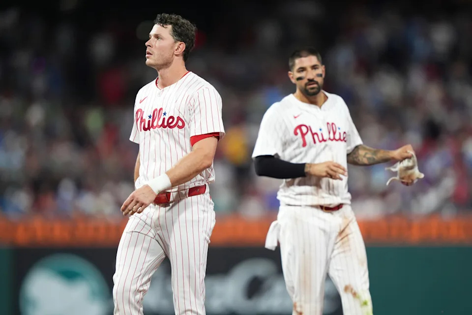 Philadelphia Phillies outfielder Max Kepler (17) and outfielder Nick Castellanos (8) looks on against the New York Mets in the fifth inning at Citizens Bank Park. Kyle Ross-Imagn Images