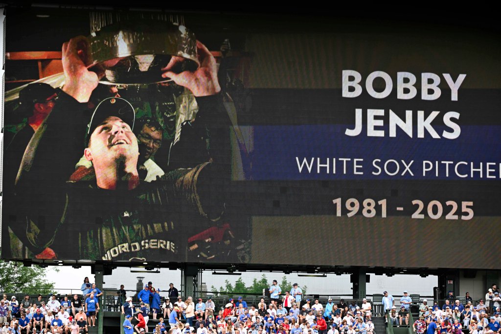 Tribute to Bobby Jenks, White Sox pitcher (1981-2025), displayed on a scoreboard.