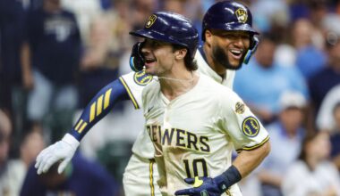 Milwaukee Brewers' Sal Frelick (10) reacts with Jackson Chourio, right, after his home run against the Chicago Cubs during the sixth inning of a baseball game, Monday, July 28, 2025, in Milwaukee.