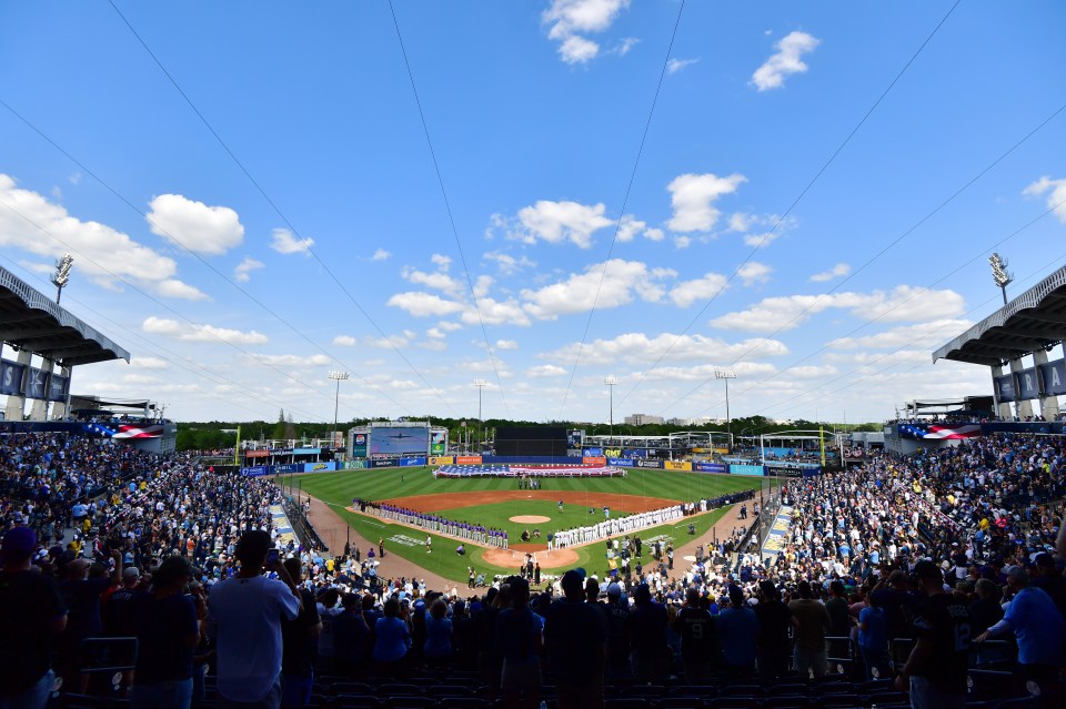 General view of George M. Steinbrenner Field during the national anthem.