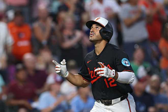 BALTIMORE, MARYLAND - JULY 28:Ramón Laureano #12 of the Baltimore Orioles celebrates after hitting a two run home run against the Toronto Blue Jays during the fifth inning at Oriole Park at Camden Yards on July 28, 2025 in Baltimore, Maryland. (Photo by Patrick Smith/Getty Images)
