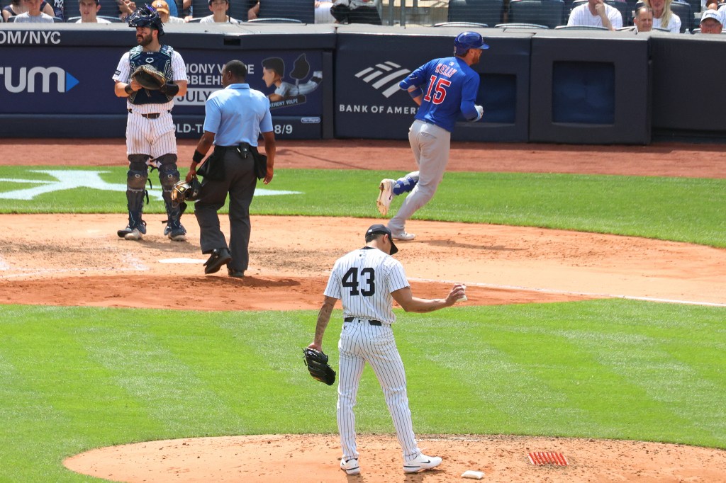 Jonathan Loáisiga reacts during the Yankees-Cubs game on July 12, 2025.