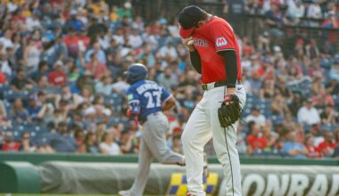 Cleveland Guardians starting pitcher Gavin Williams, front, reacts after giving up a solo home run as Toronto Blue Jays' Vladimir Guerrero Jr. (27) rounds the bases during the fourth inning of a baseball game, Wednesday, June 25, 2025, in Cleveland. (AP Photo/Phil Long)