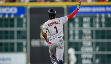 Cleveland Guardians' Angel Martínez celebrates after hitting a home run against the Houston Astros during the first inning of a baseball game Wednesday, July 9, 2025, in Houston. (AP Photo/David J. Phillip)
