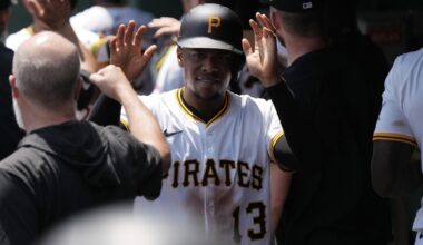 Pirates' Ke'Bryan Hayes beating both his back, bat