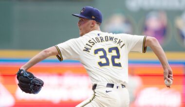 Milwaukee Brewers pitcher Jacob Misiorowski throws to the Chicago Cubs during the first inning of a baseball game, Monday, July 28, 2025, in Milwaukee.