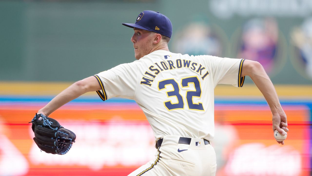 Milwaukee Brewers pitcher Jacob Misiorowski throws to the Chicago Cubs during the first inning of a baseball game, Monday, July 28, 2025, in Milwaukee.