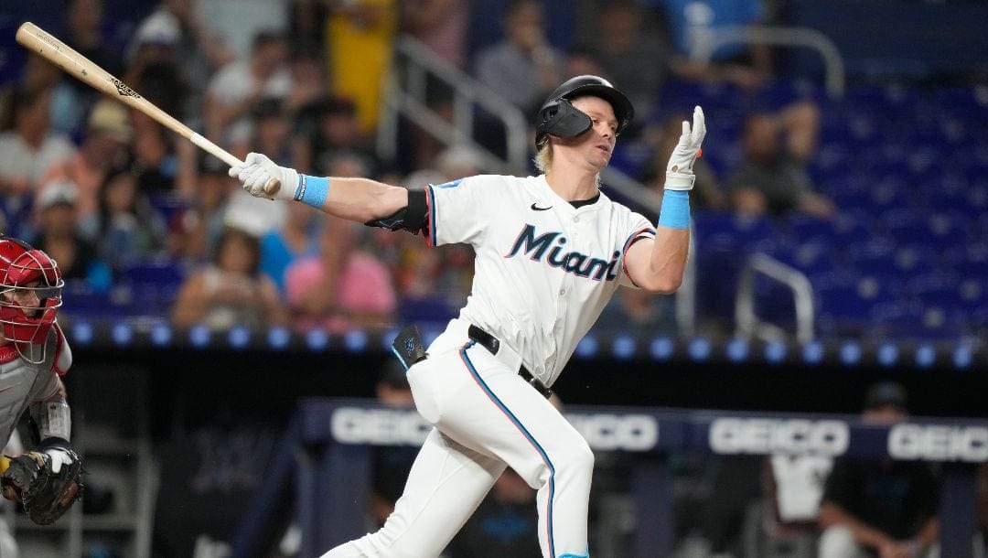 Miami Marlins' Kyle Stowers strikes out swinging during the second inning of a baseball game against the Philadelphia Phillies, Thursday, Sept. 5, 2024, in Miami.