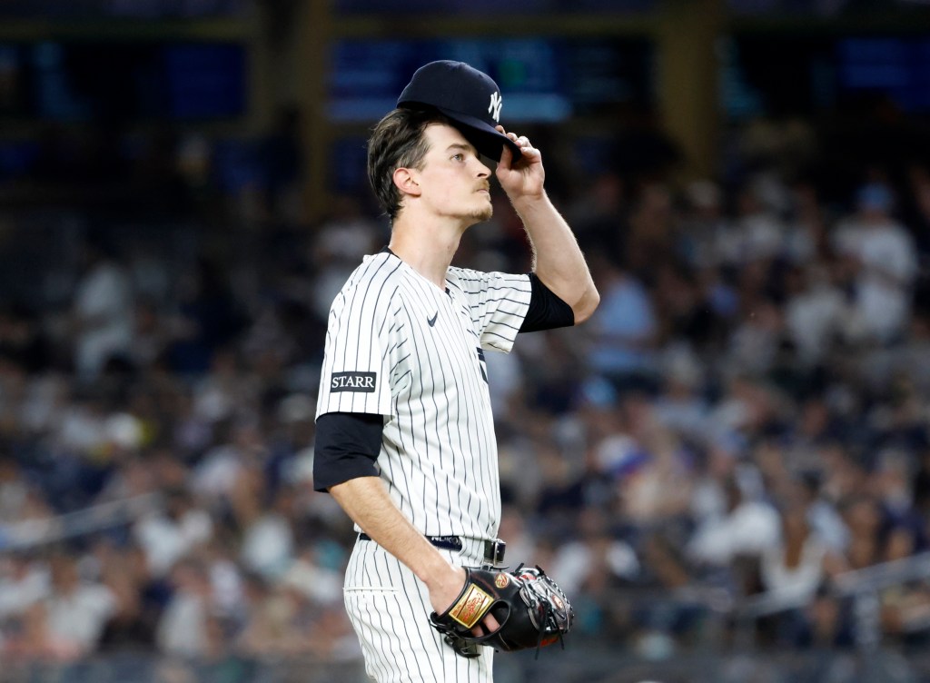 Yankees pitcher Max Fried reacts after giving up a run to the Tampa Bay Rays during the seventh inning at Yankee Stadium in The Bronx.
