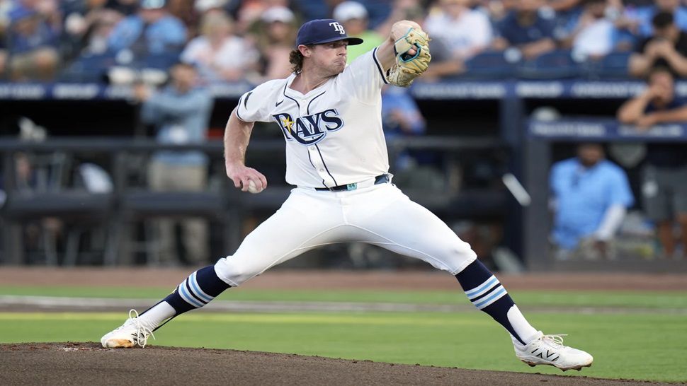 Tampa Bay Rays' Ryan Pepiot pitches to the Baltimore Orioles during the first inning of a baseball game Monday, June 16, 2025, in Tampa, Fla. (AP Photo/Chris O'Meara)