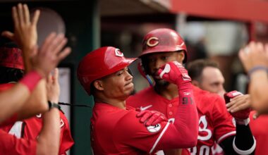 Cincinnati Reds' Noelvi Marte celebrates in the dugout after hitting a two-run homer during the fourth inning of a baseball game against the Miami Marlins in Cincinnati, Wednesday, July 9, 2025. (AP Photo/Carolyn Kaster)