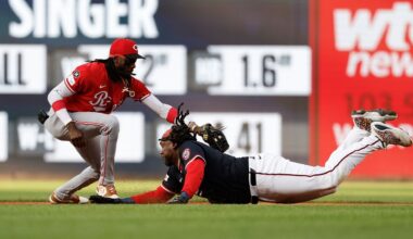 Washington Nationals' Josh Bell, right, avoids a tag by Cincinnati Reds shortstop Elly De La Cruz, left, and slides into second base on a double hit off pitcher Brady Singer during the first inning of a baseball game in Washington, Monday, July 21, 2025. (AP Photo/Terrance Williams)