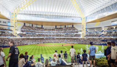 Rendering of sold out ball park with white roof, yellow beams, and bright green grass.