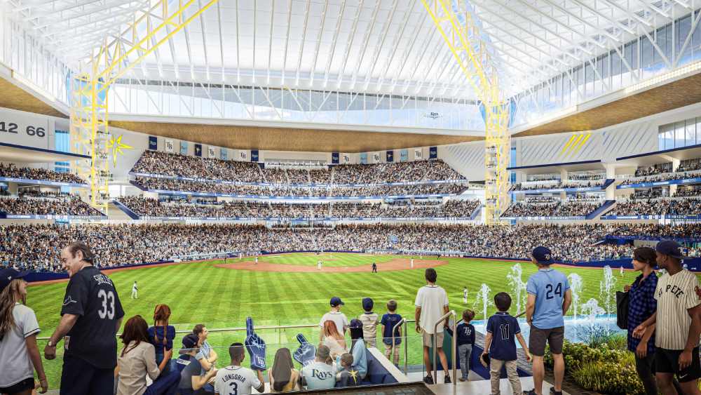 Rendering of sold out ball park with white roof, yellow beams, and bright green grass.
