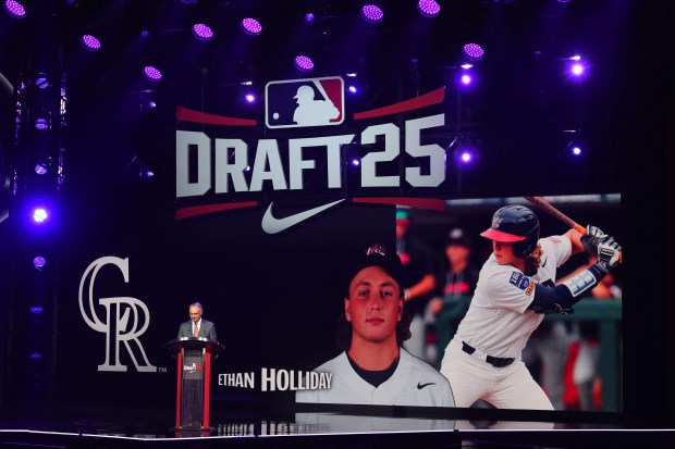 Major League Baseball commissioner Robert D. Manfred Jr. announces Ethan Holliday as the fourth overall pick, by the Colorado Rockies, in the first round of the 2025 MLB Draft at Coca-Cola Roxy on July 13, 2025 in Atlanta, Georgia. (Photo by Jamie Squire/Getty Images)