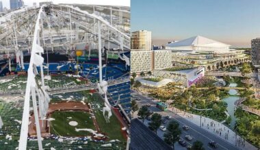 The deal for a new Rays stadium expires on Monday. The new stadium (rendering, right) would have anchored a Historic Gas Plant development deal. Meanwhile, repairs will still be needed at Tropicana Field. (FILE IMAGE)