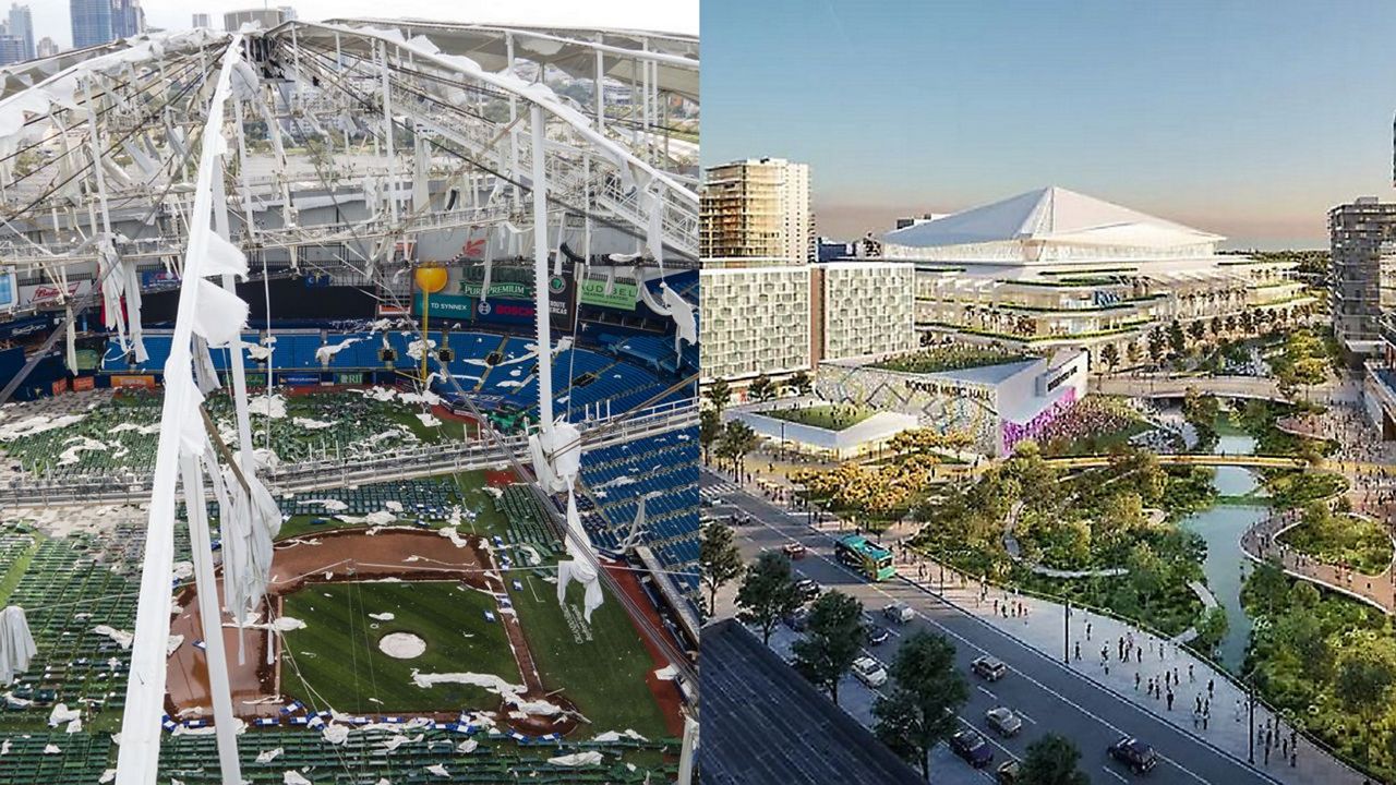 The deal for a new Rays stadium expires on Monday. The new stadium (rendering, right) would have anchored a Historic Gas Plant development deal. Meanwhile, repairs will still be needed at Tropicana Field. (FILE IMAGE)