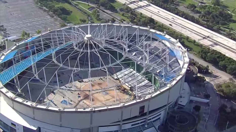Pictured: Aerial view of Tropicana Field undergoing repairs on July 23, 2025.