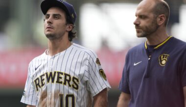 Brewers RF Sal Frelick departs after making a sliding grab