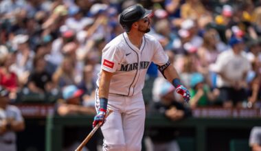 Cal Raleigh gets a closeup from the YES Network during Yankees-Mariners