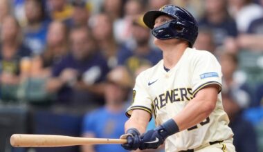Milwaukee Brewers' Andrew Vaughn hits a three-run home run during the first inning of a baseball game against the Los Angeles Dodgers, Monday, July 7, 2025, in Milwaukee.