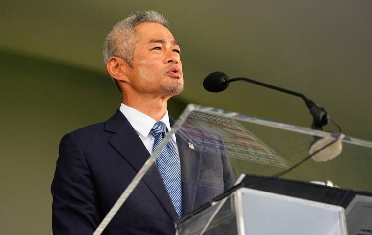 GREGORY FISHER-IMAGN IMAGES
Hall of Fame inductee Ichiro Suzuki makes his acceptance speech during the Baseball Hall of Fame Induction Ceremony at the Clark Sports Center on Sunday.