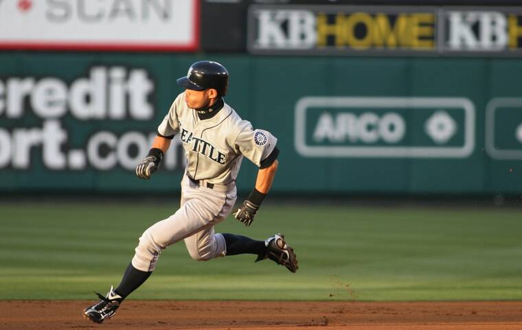 GARY A. VASQUEZ-US PRESSWIRE
Seattle Mariners centerfielder Ichiro Suzuki runs to second base in the first inning against the Los Angeles Angels at Angel Stadium in Anaheim, Calif.