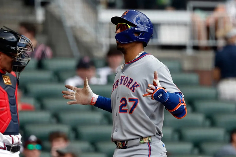 Mark Vientos celebrates after hitting a home run during the Mets’ loss Aug. 24. AP